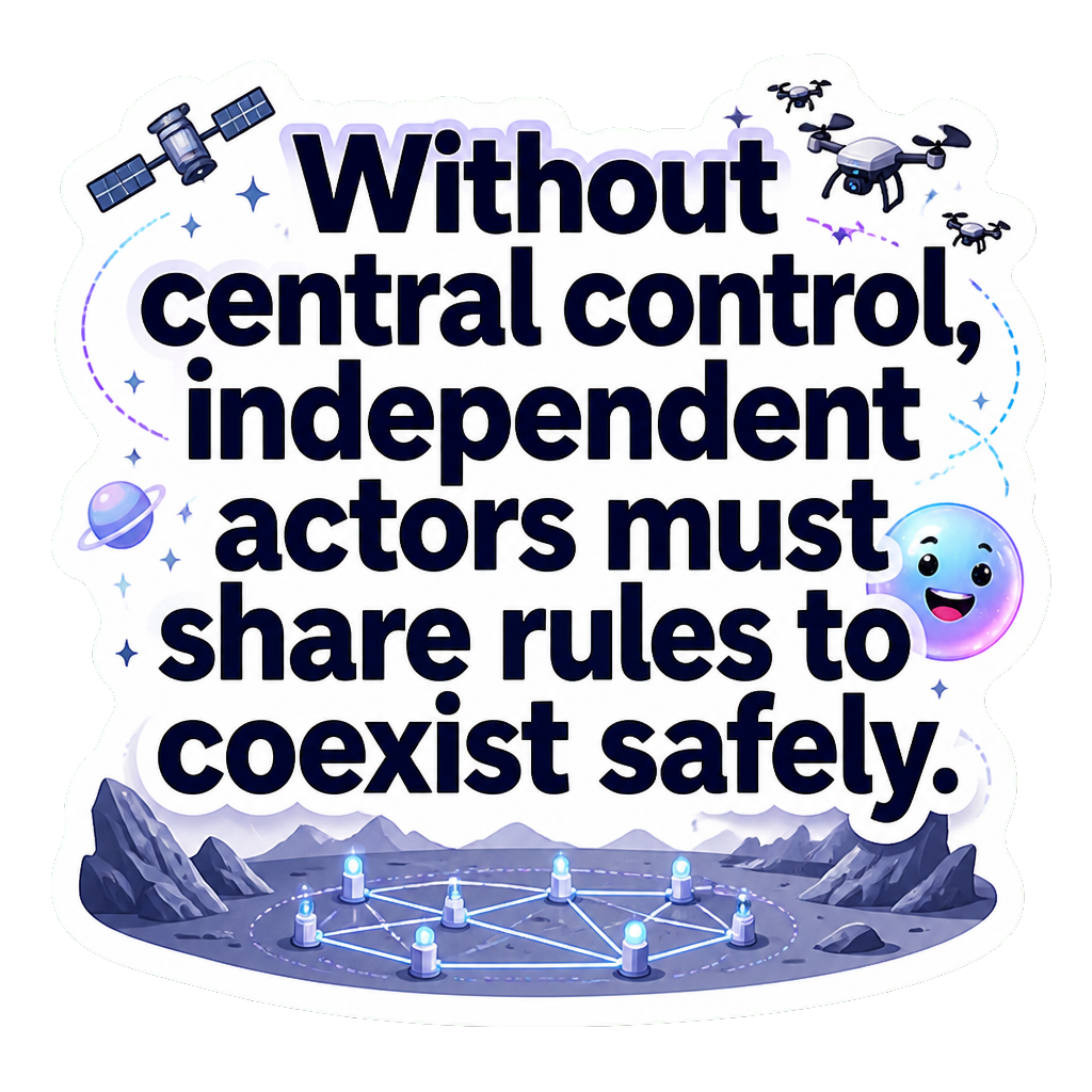 Without central control, independent actors must share rules to coexist safely.