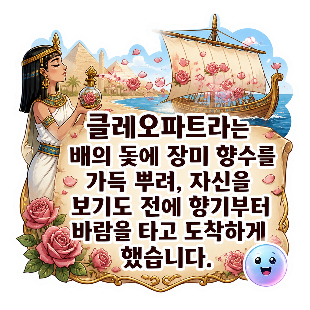 클레오파트라는 배의 돛에 장미 향수를 가득 뿌려, 자신을 보기도 전에 향기부터 바람을 타고 도착하게 했습니다.