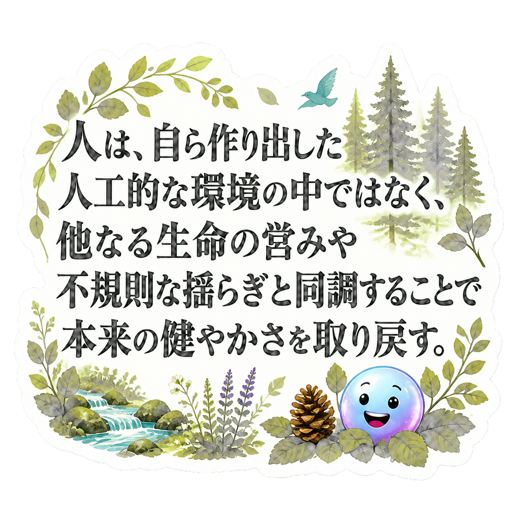 人は、自ら作り出した人工的な環境の中ではなく、他なる生命の営みや不規則な揺らぎと同調することで本来の健やかさを取り戻す。
