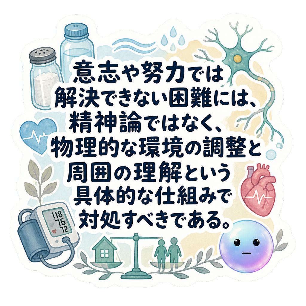 意志や努力では解決できない困難には、精神論ではなく、物理的な環境の調整と周囲の理解という具体的な仕組みで対処すべきである。