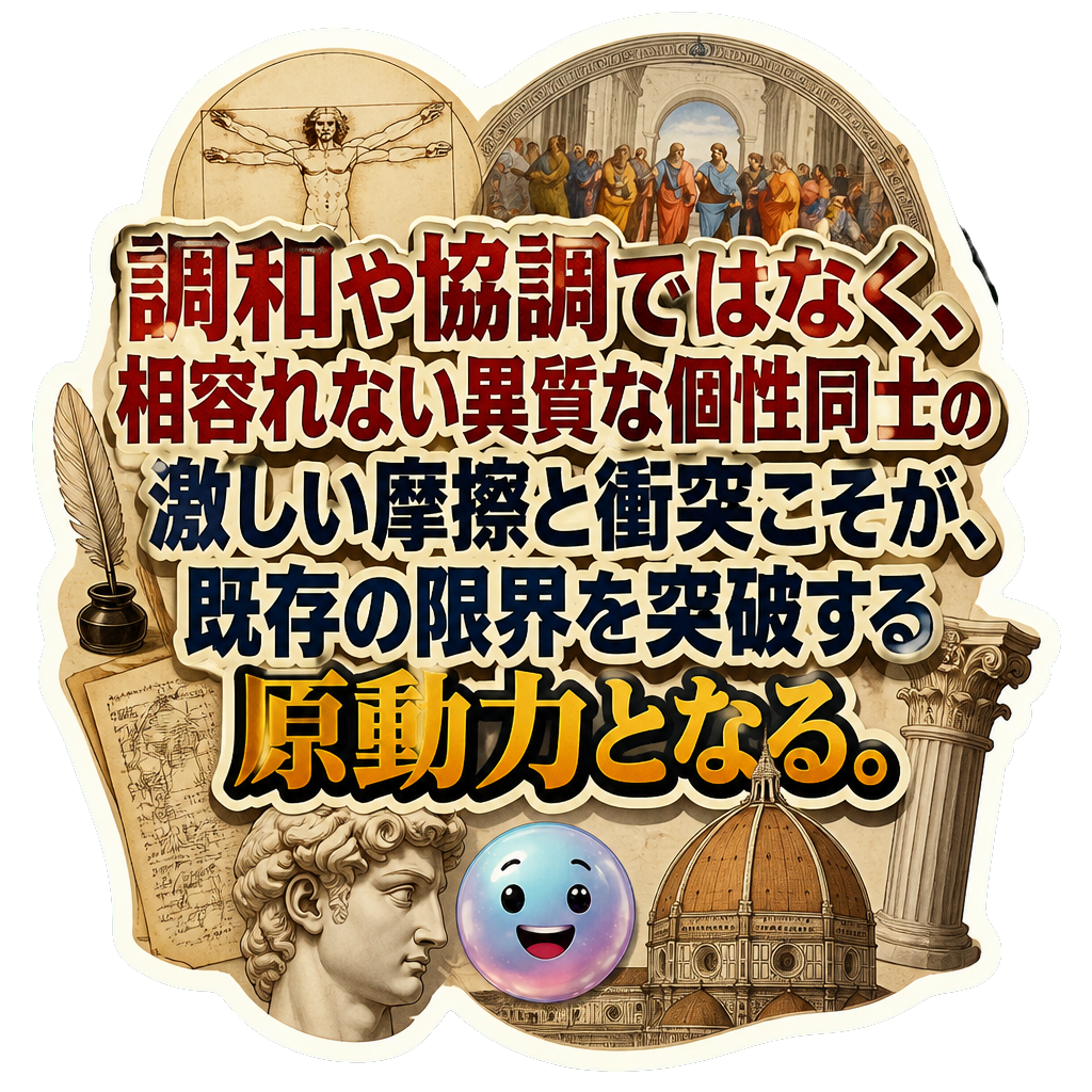 調和や協調ではなく、相容れない異質な個性同士の激しい摩擦と衝突こそが、既存の限界を突破する原動力となる。
