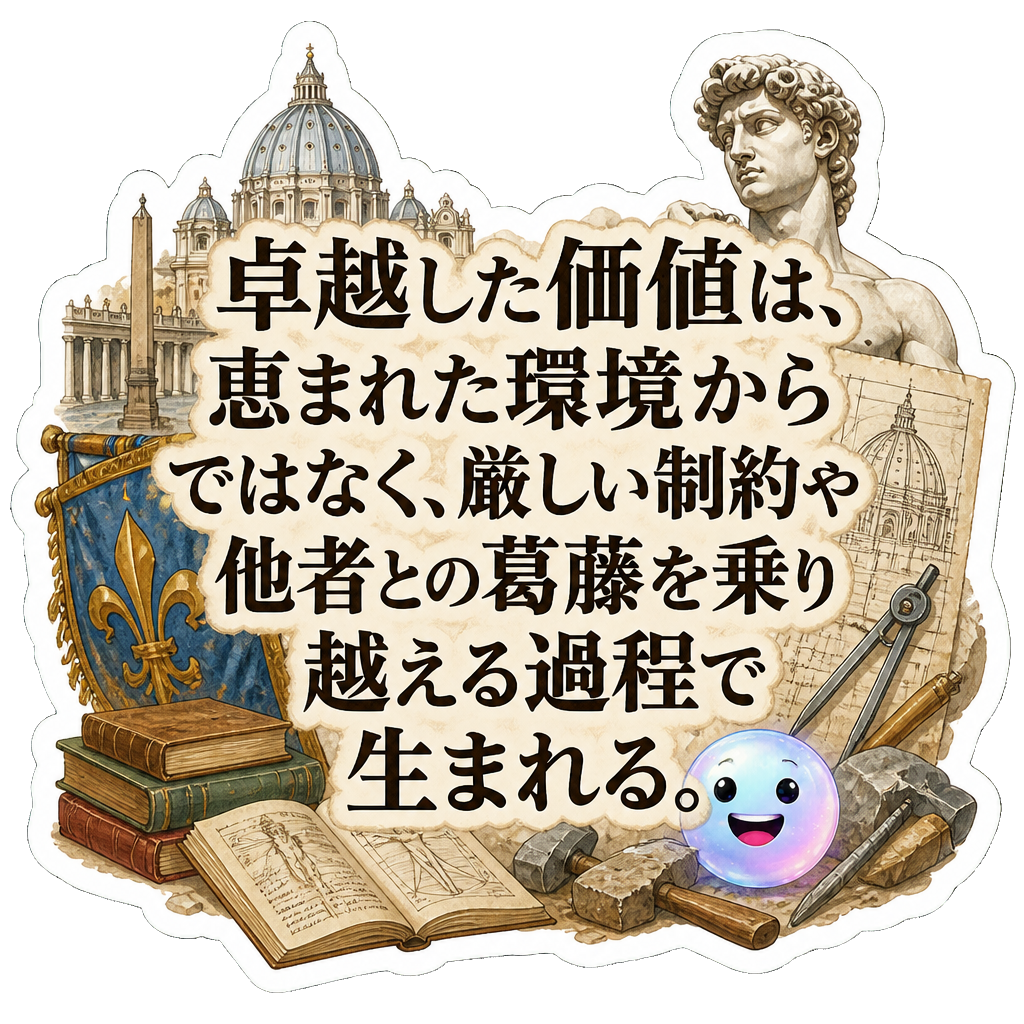 卓越した価値は、恵まれた環境からではなく、厳しい制約や他者との葛藤を乗り越える過程で生まれる。