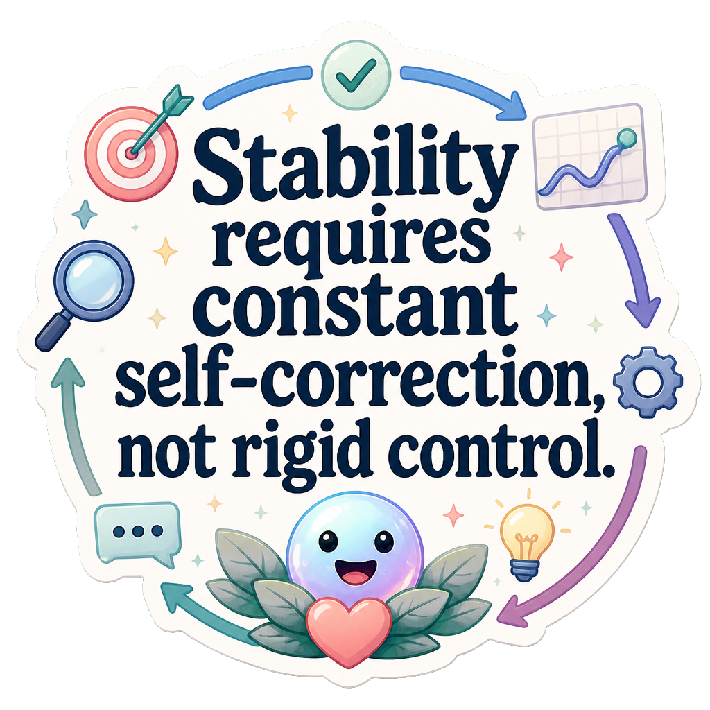 Stability requires constant self-correction, not rigid control.