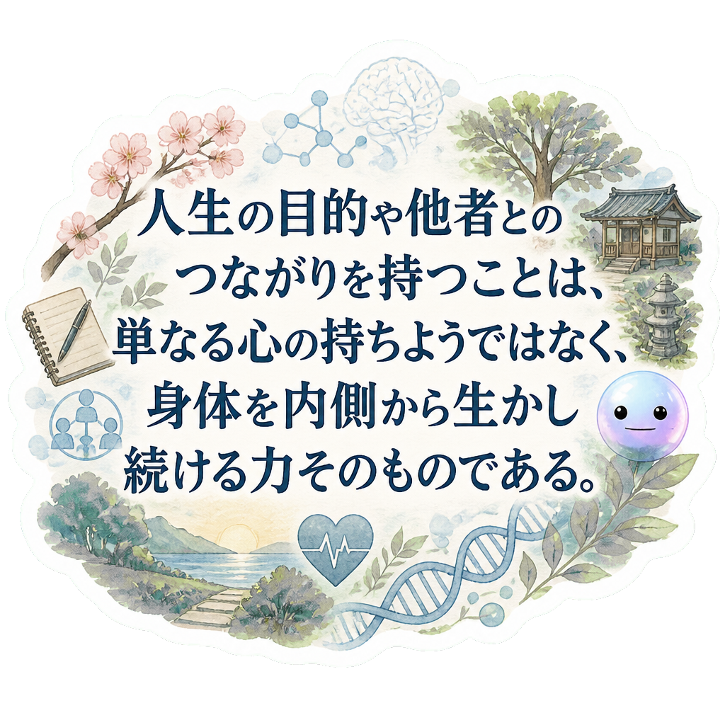 人生の目的や他者とのつながりを持つことは、単なる心の持ちようではなく、身体を内側から生かし続ける力そのものである。