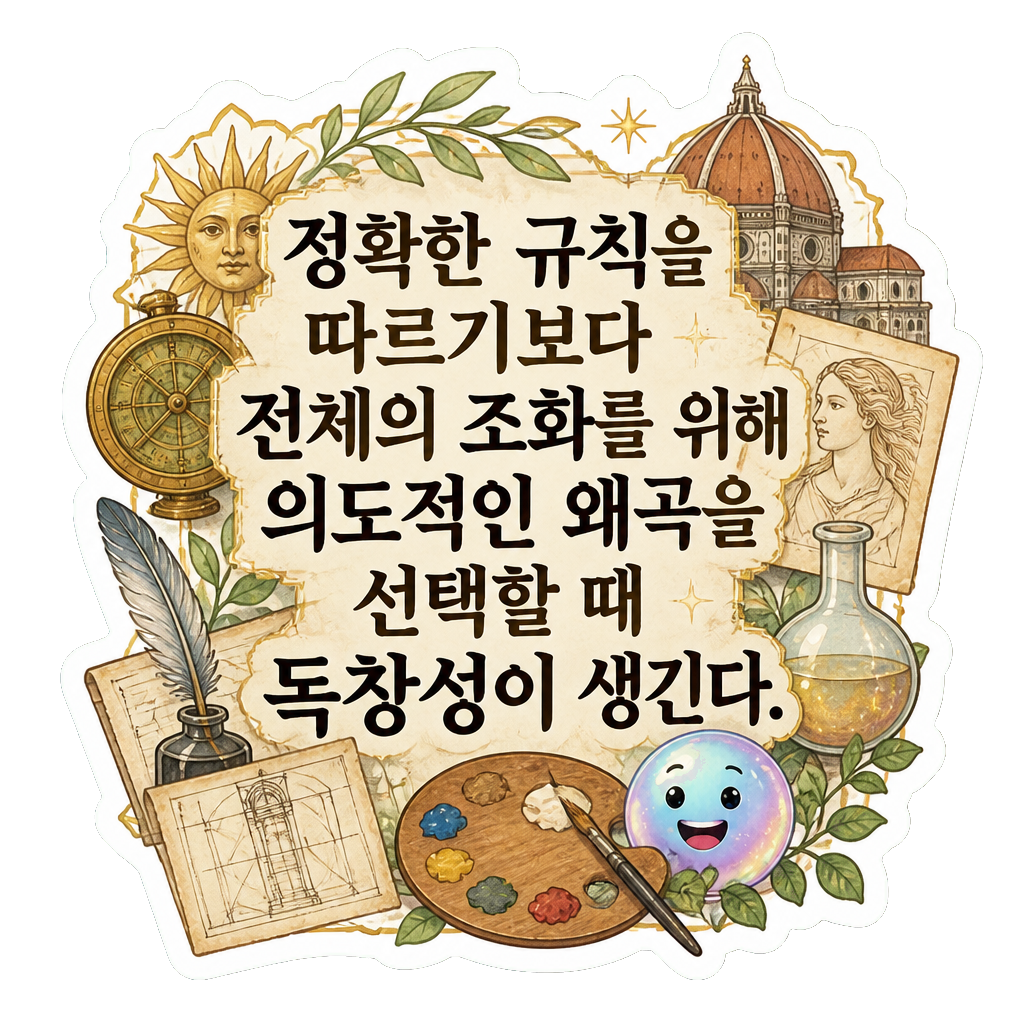 정확한 규칙을 따르기보다 전체의 조화를 위해 의도적인 왜곡을 선택할 때 독창성이 생긴다.