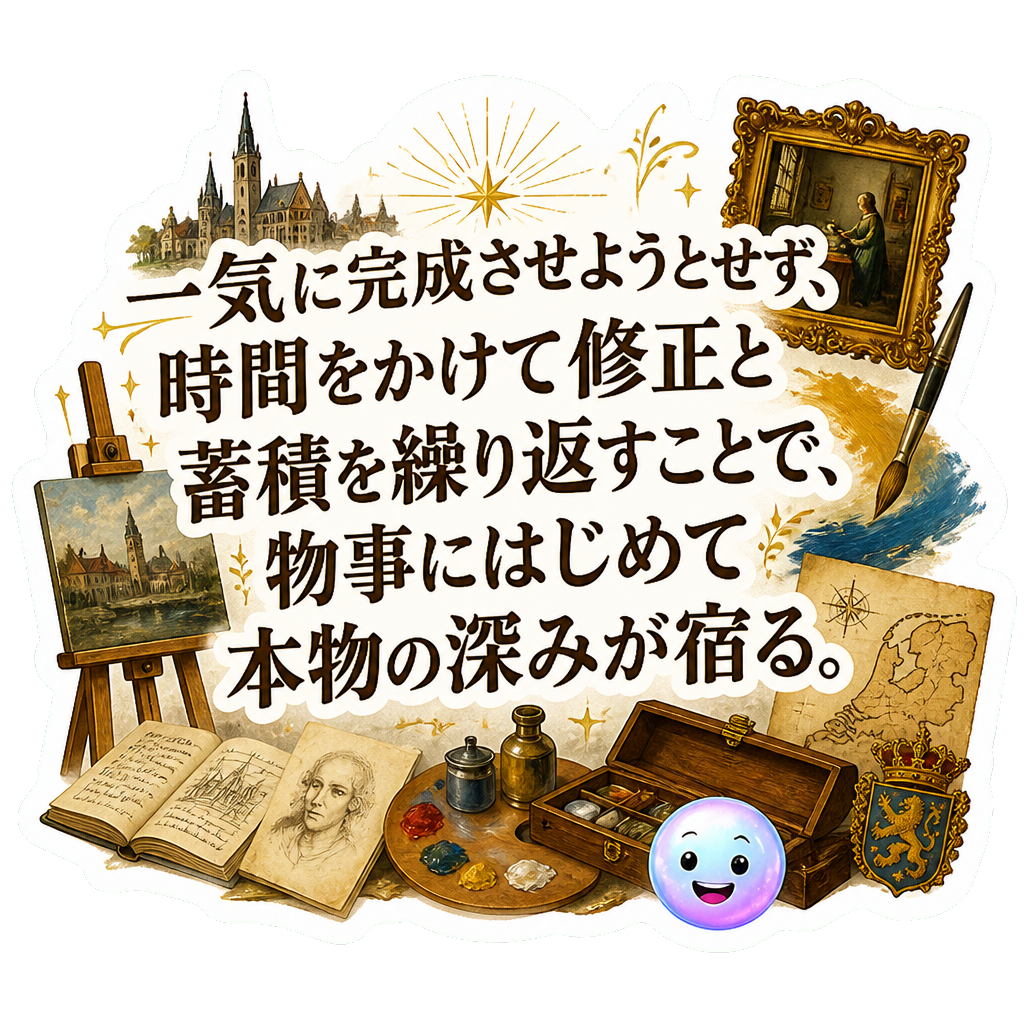一気に完成させようとせず、時間をかけて修正と蓄積を繰り返すことで、物事にはじめて本物の深みが宿る。
