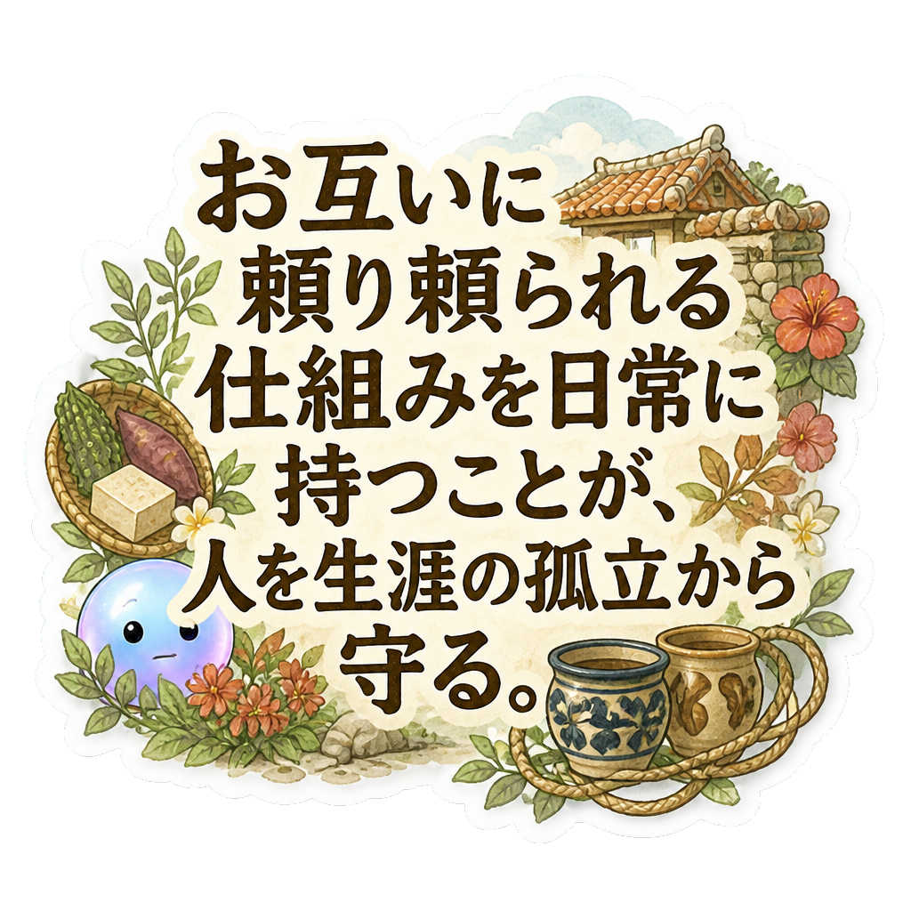 お互いに頼り頼られる仕組みを日常に持つことが、人を生涯の孤立から守る。