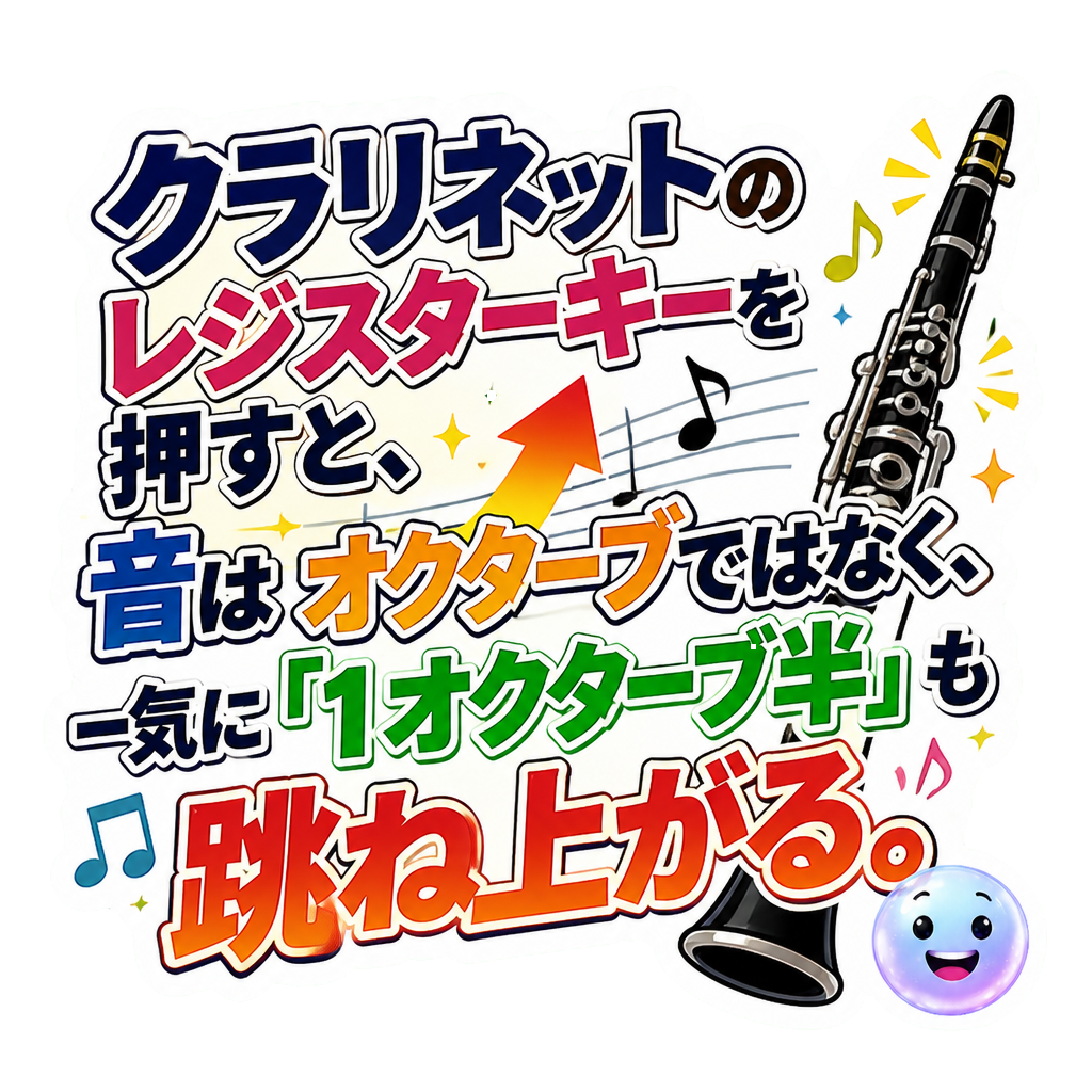 クラリネットのレジスターキーを押すと、音はオクターブではなく、一気に「1オクターブ半」も跳ね上がる。