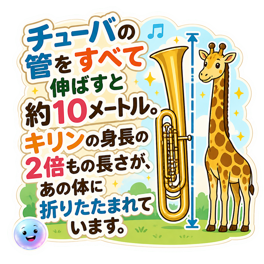 チューバの管をすべて伸ばすと約10メートル。キリンの身長の２倍もの長さが、あの体に折りたたまれています。