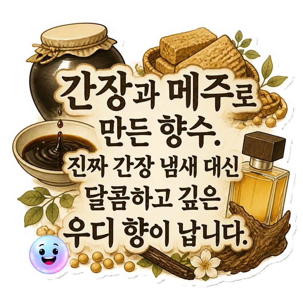 간장과 메주로 만든 향수. 진짜 간장 냄새 대신 달콤하고 깊은 우디 향이 납니다.