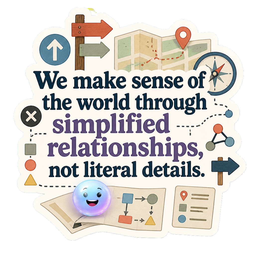 We make sense of the world through simplified relationships, not literal details.