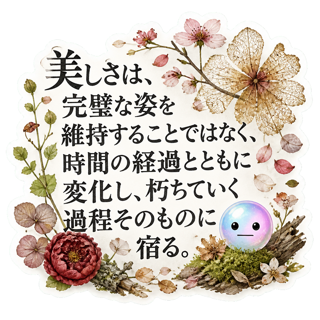 美しさは、完璧な姿を維持することではなく、時間の経過とともに変化し、朽ちていく過程そのものに宿る。