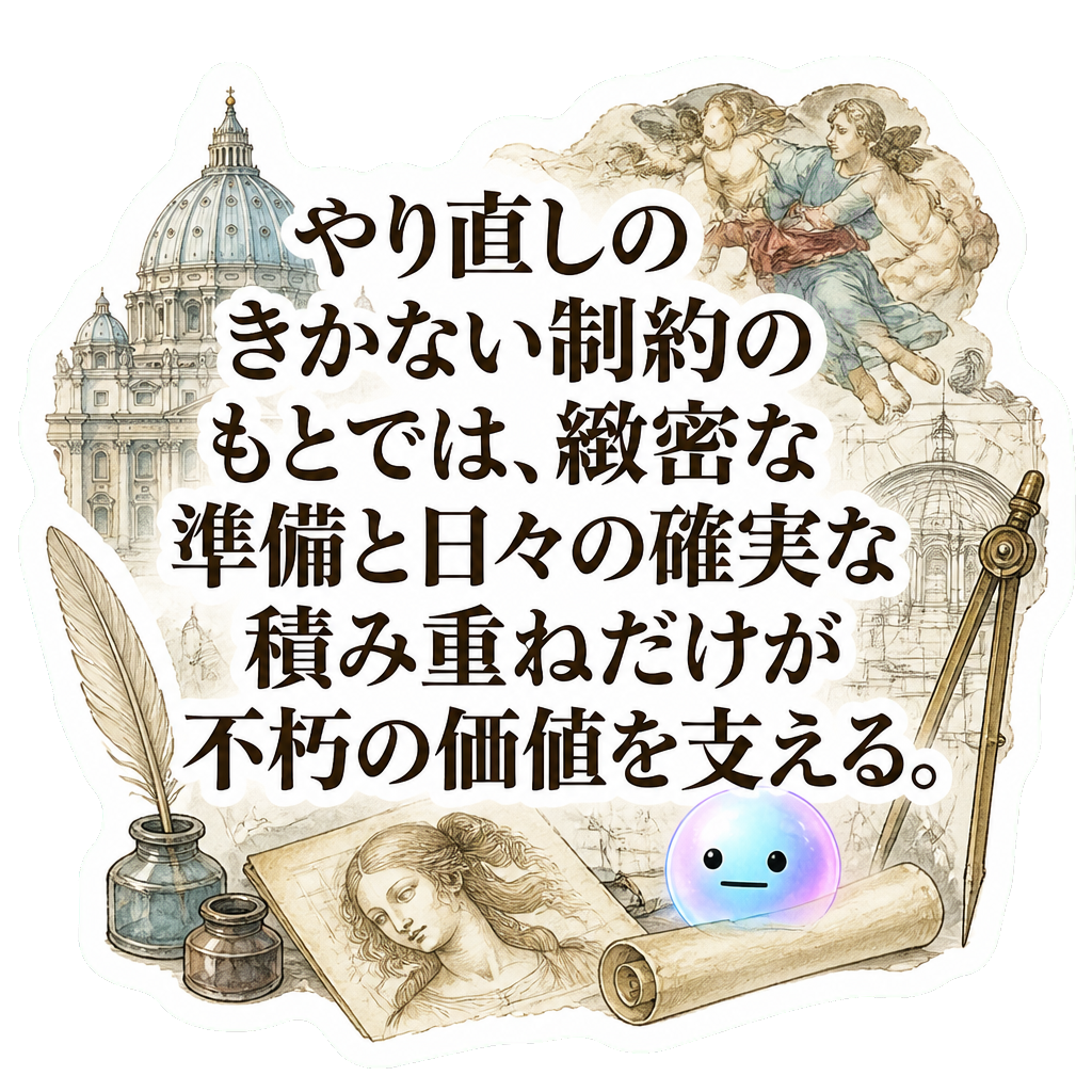 やり直しのきかない制約のもとでは、緻密な準備と日々の確実な積み重ねだけが不朽の価値を支える。
