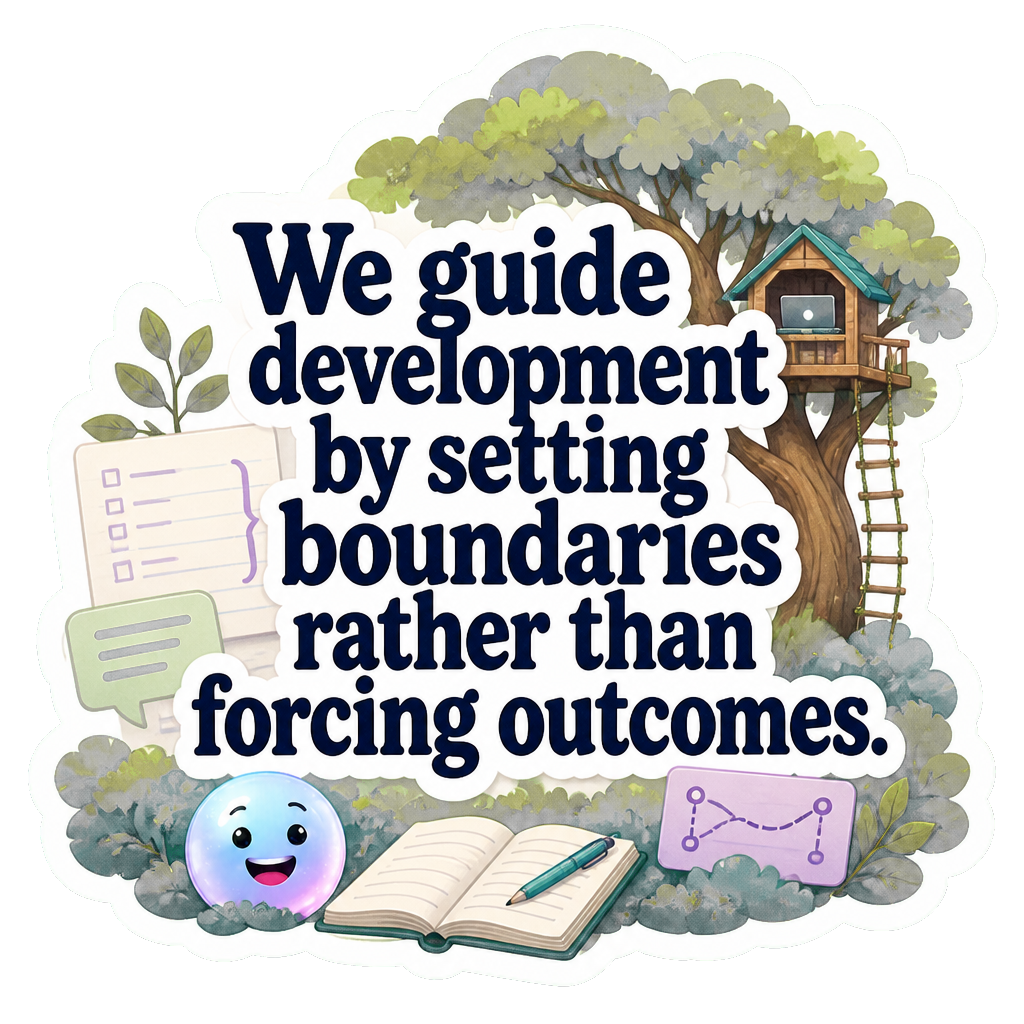 We guide development by setting boundaries rather than forcing outcomes.