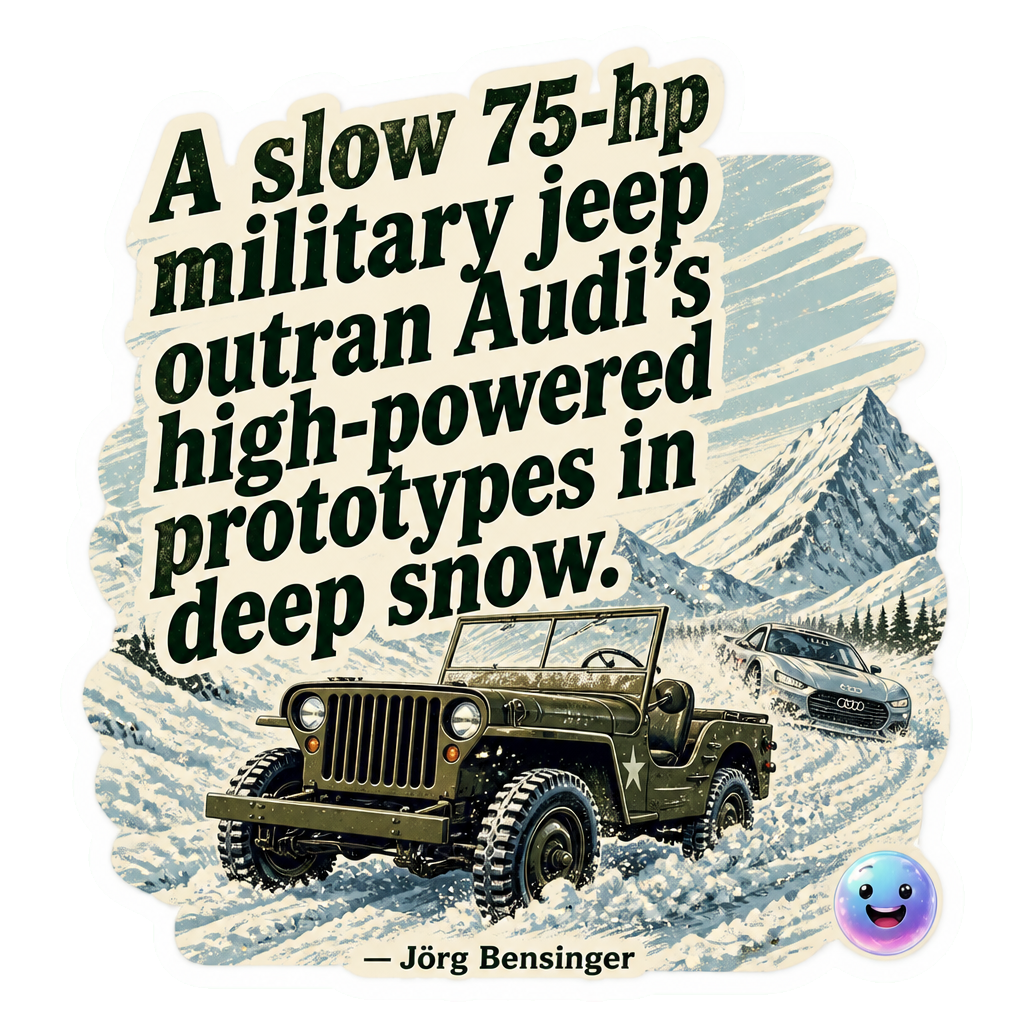A slow 75-hp military jeep outran Audi's high-powered prototypes in deep snow.