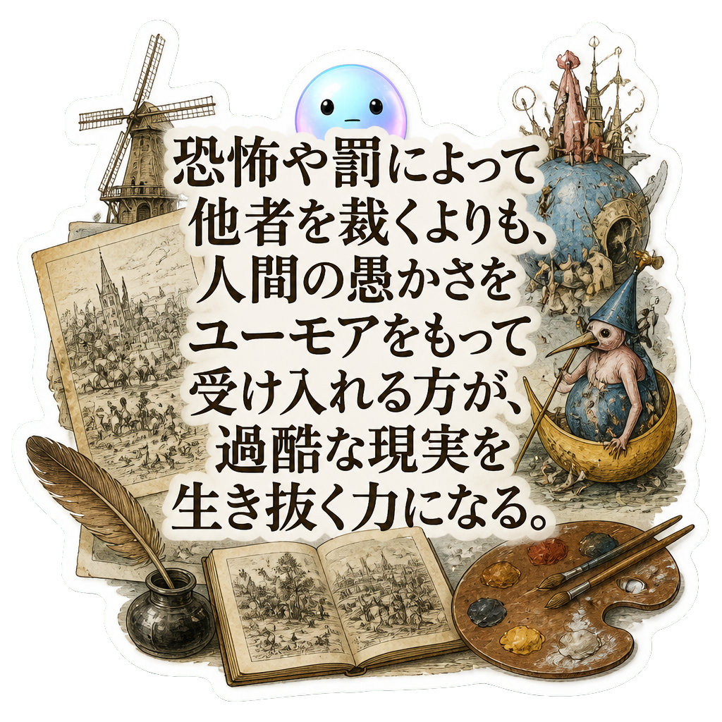 恐怖や罰によって他者を裁くよりも、人間の愚かさをユーモアをもって受け入れる方が、過酷な現実を生き抜く力になる。