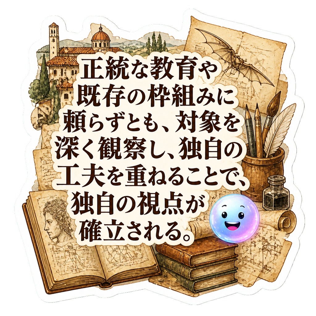 正統な教育や既存の枠組みに頼らずとも、対象を深く観察し、独自の工夫を重ねることで、独自の視点が確立される。
