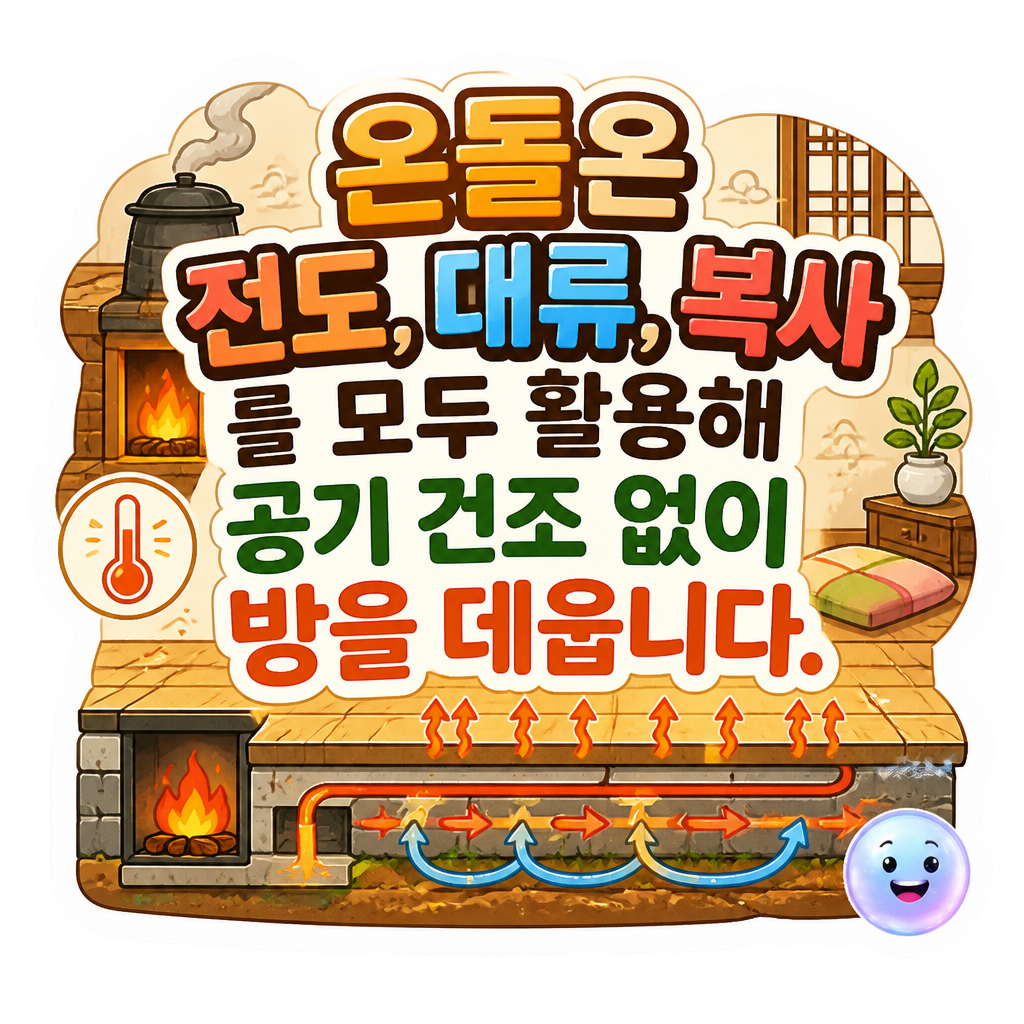 온돌은 전도, 대류, 복사를 모두 활용해 공기 건조 없이 방을 데웁니다.