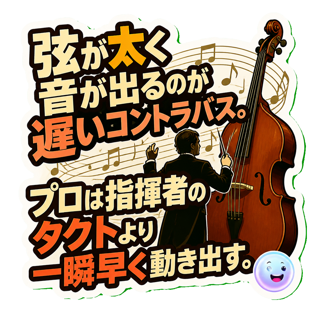弦が太く音が出るのが遅いコントラバス。プロは指揮者のタクトより一瞬早く動き出す。
