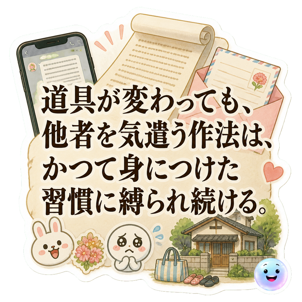 道具が変わっても、他者を気遣う作法は、かつて身につけた習慣に縛られ続ける。