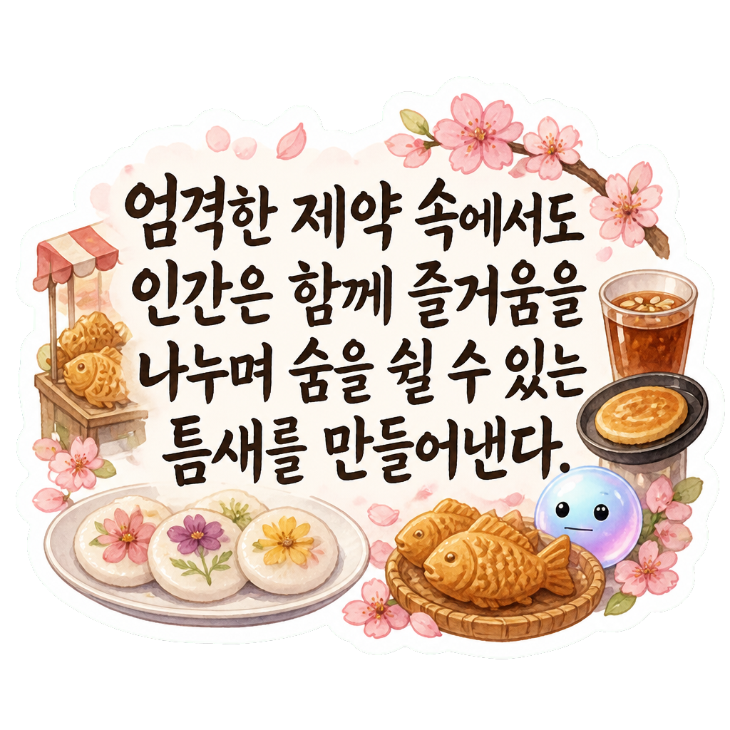 엄격한 제약 속에서도 인간은 함께 즐거움을 나누며 숨을 쉴 수 있는 틈새를 만들어낸다.