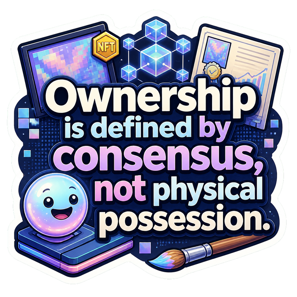 Ownership is defined by consensus, not physical possession.