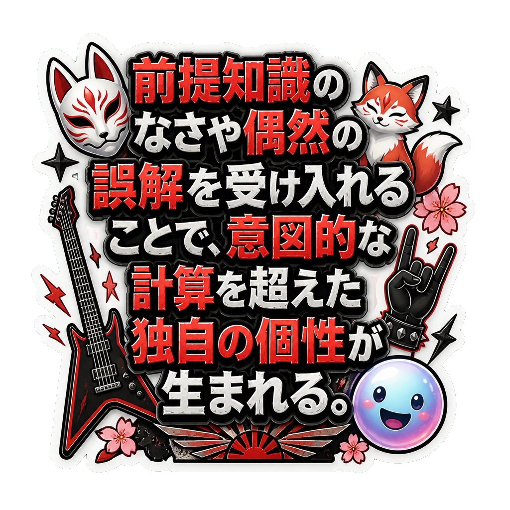 前提知識のなさや偶然の誤解を受け入れることで、意図的な計算を超えた独自の個性が生まれる。
