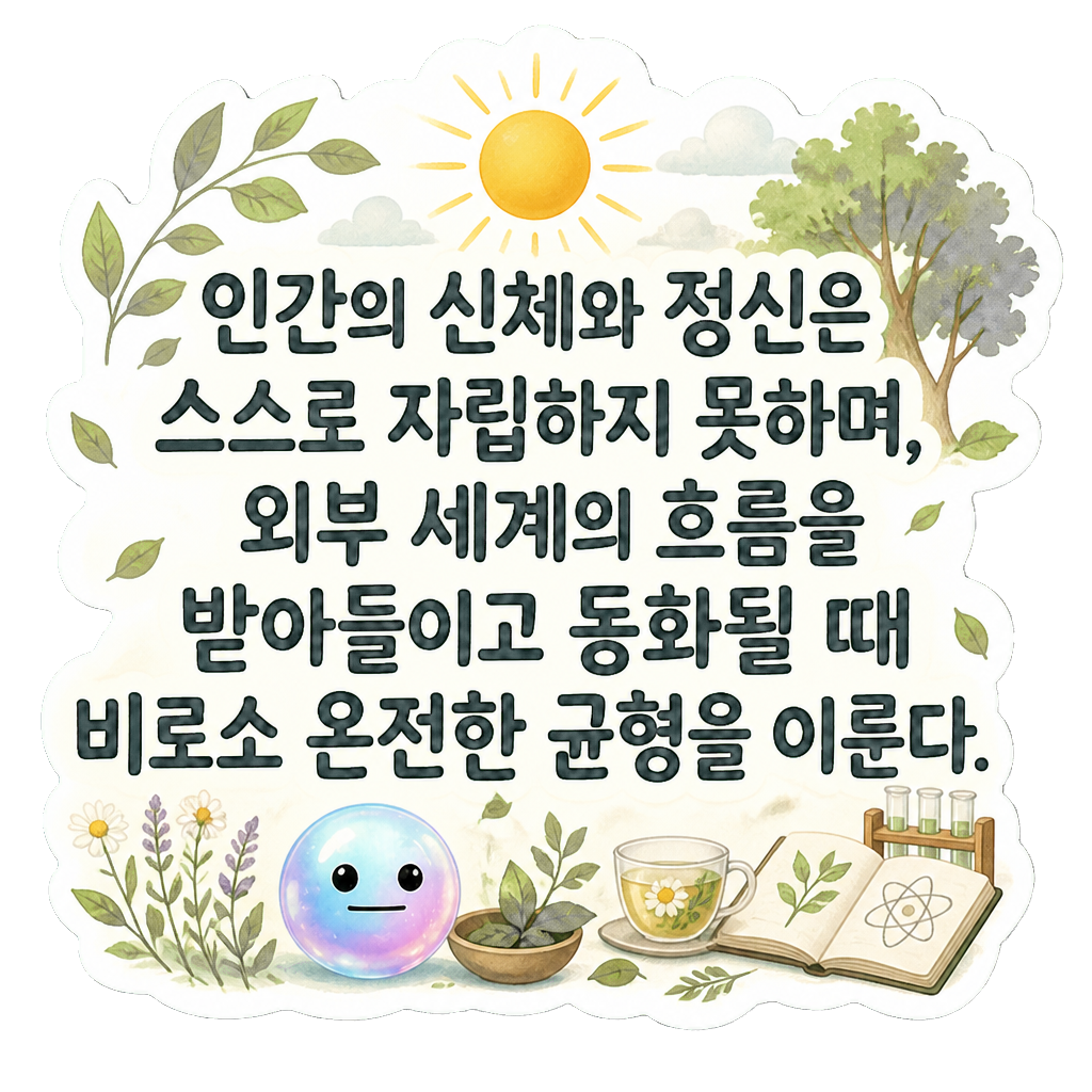 인간의 신체와 정신은 스스로 자립하지 못하며, 외부 세계의 흐름을 받아들이고 동화될 때 비로소 온전한 균형을 이룬다.