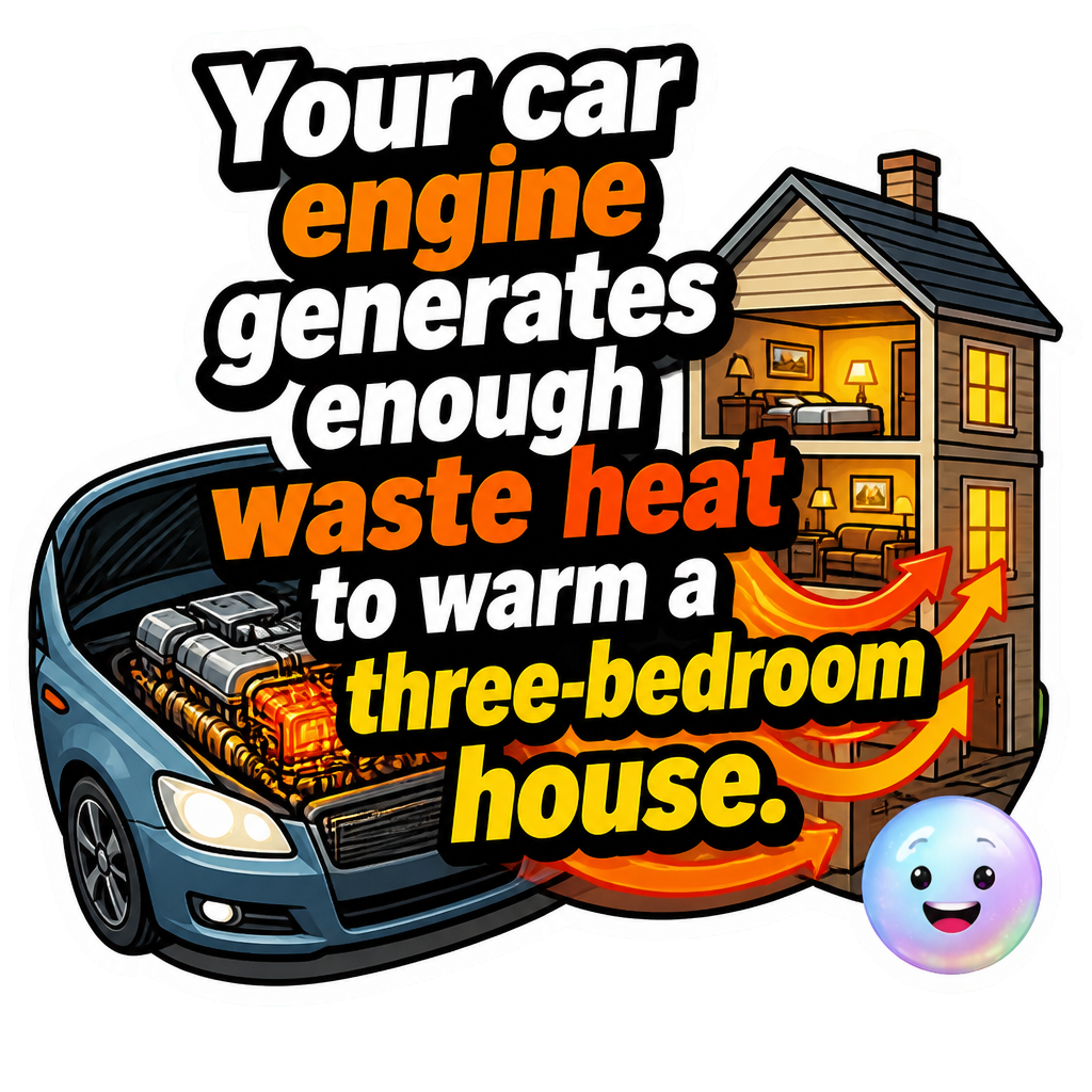 Your car engine generates enough waste heat to warm a three-bedroom house.