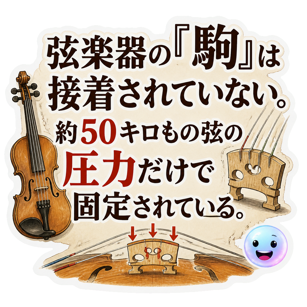 弦楽器の『駒』は接着されていない。約50キロもの弦の圧力だけで固定されている。
