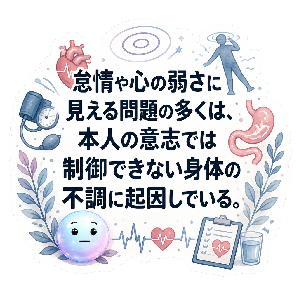 怠惰や心の弱さに見える問題の多くは、本人の意志では制御できない身体の不調に起因している。