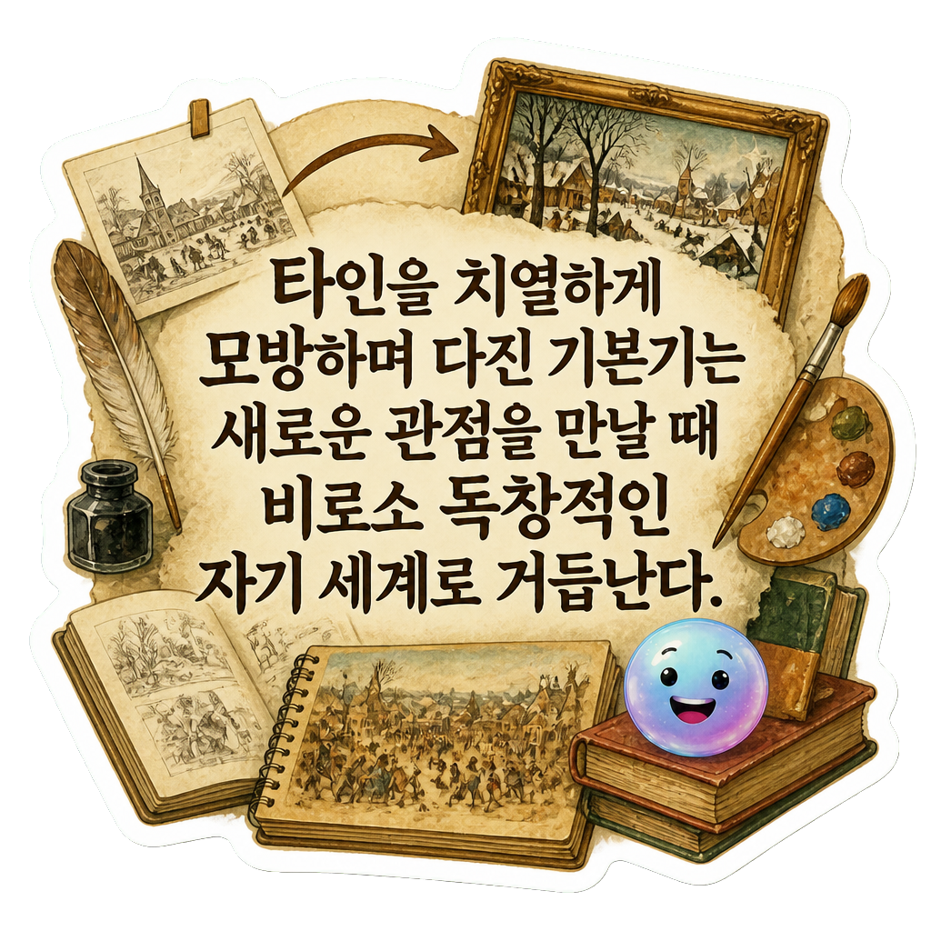 타인을 치열하게 모방하며 다진 기본기는 새로운 관점을 만날 때 비로소 독창적인 자기 세계로 거듭난다.