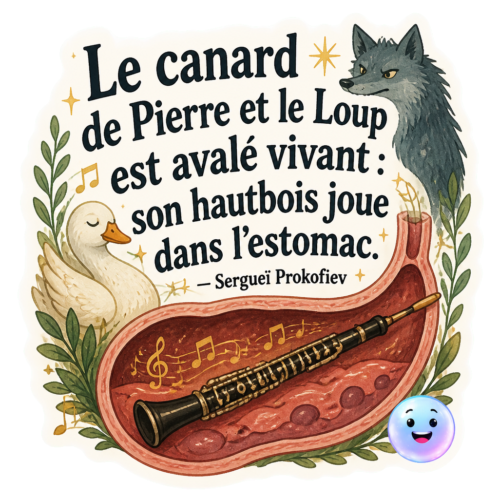 Le canard de Pierre et le Loup est avalé vivant : son hautbois joue dans l'estomac.