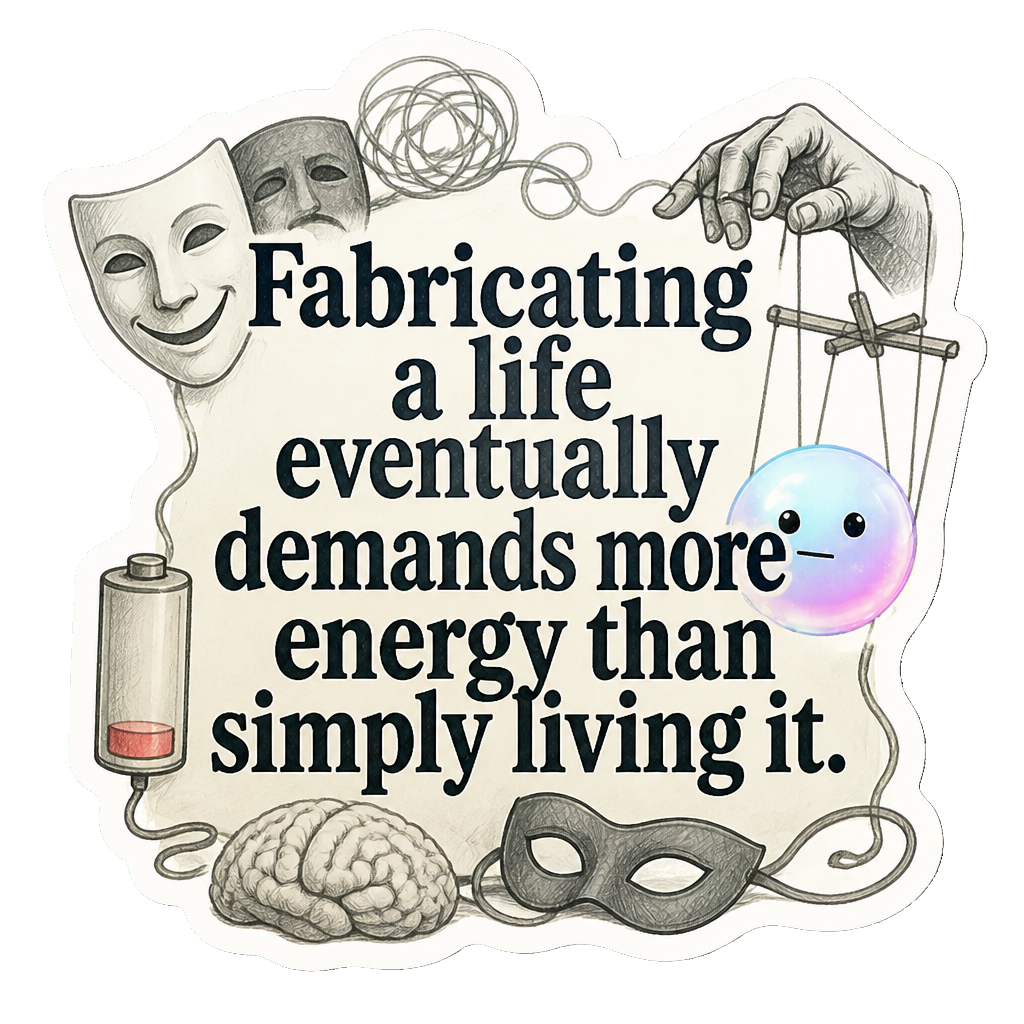 Fabricating a life eventually demands more energy than simply living it.