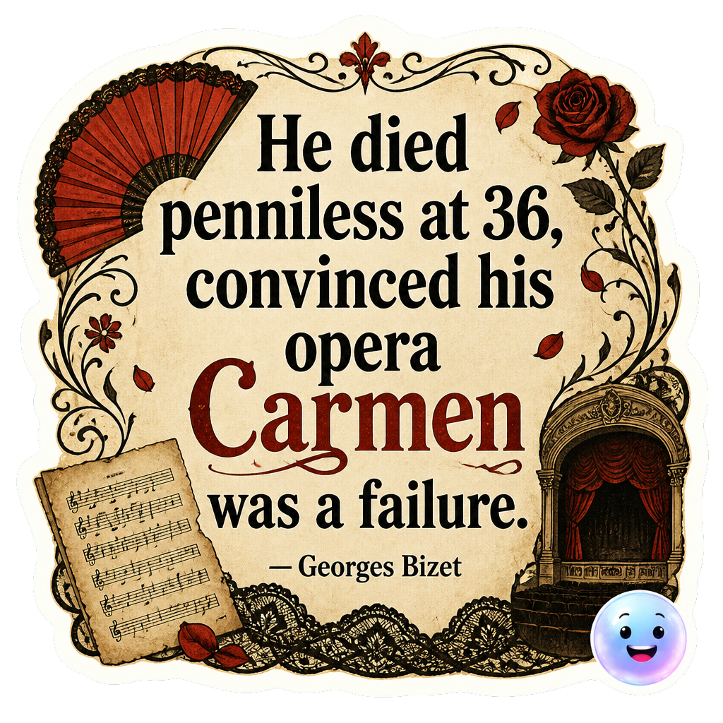 He died penniless at 36, convinced his opera Carmen was a failure.