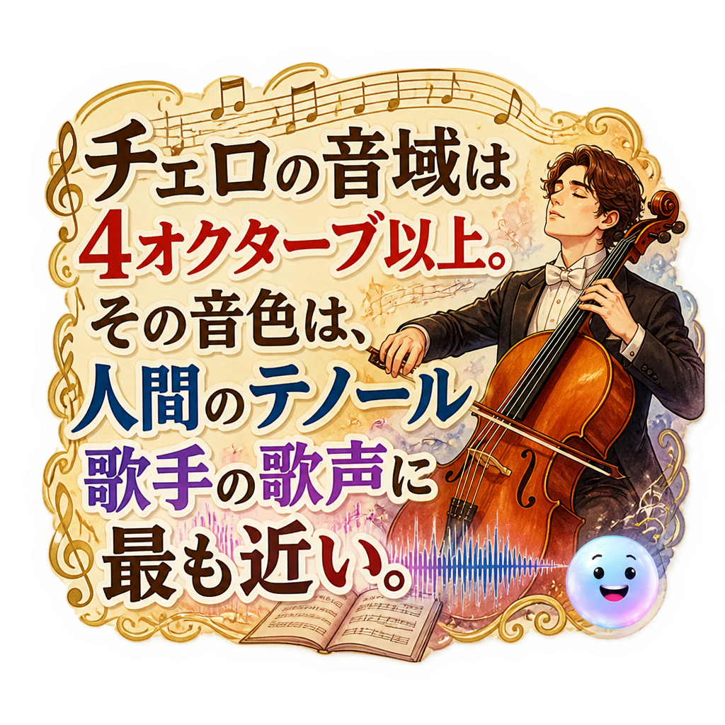 チェロの音域は4オクターブ以上。その音色は、人間のテノール歌手の歌声に最も近い。