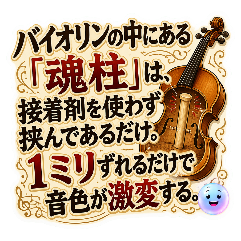 バイオリンの中にある「魂柱」は、接着剤を使わず挟んであるだけ。1ミリずれるだけで音色が激変する。