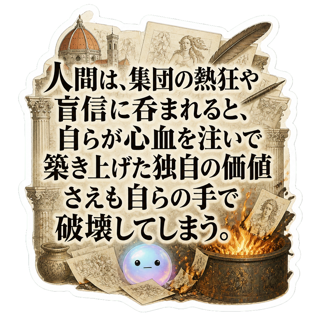 人間は、集団の熱狂や盲信に呑まれると、自らが心血を注いで築き上げた独自の価値さえも自らの手で破壊してしまう。