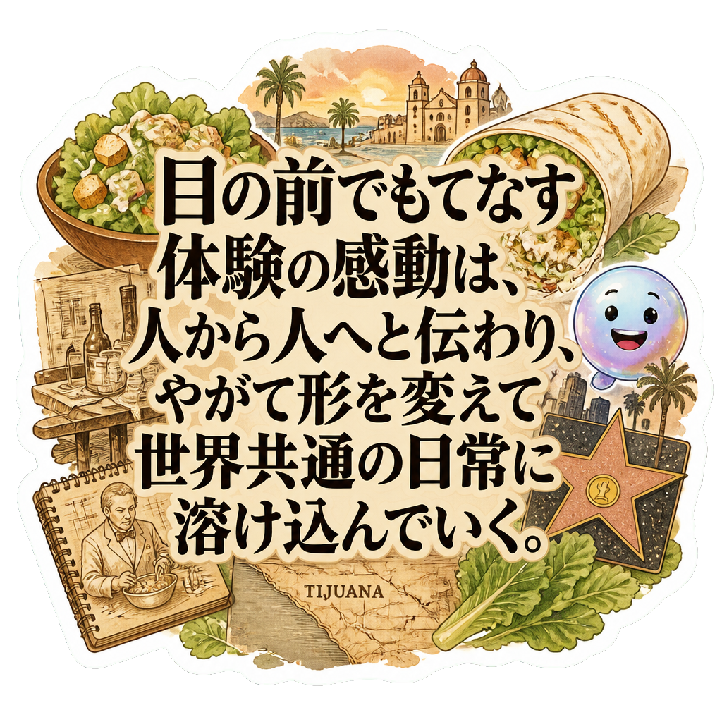 目の前でもてなす体験の感動は、人から人へと伝わり、やがて形を変えて世界共通の日常に溶け込んでいく。