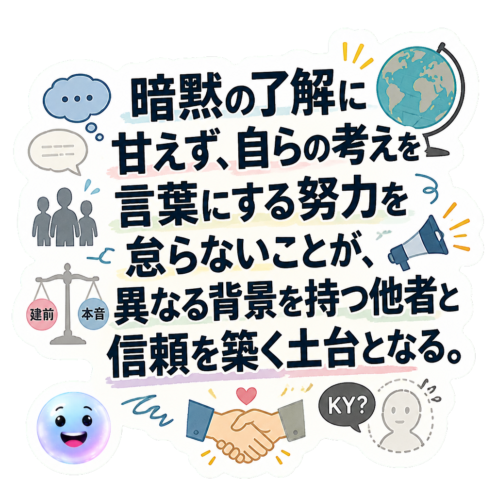 暗黙の了解に甘えず、自らの考えを言葉にする努力を怠らないことが、異なる背景を持つ他者と信頼を築く土台となる。