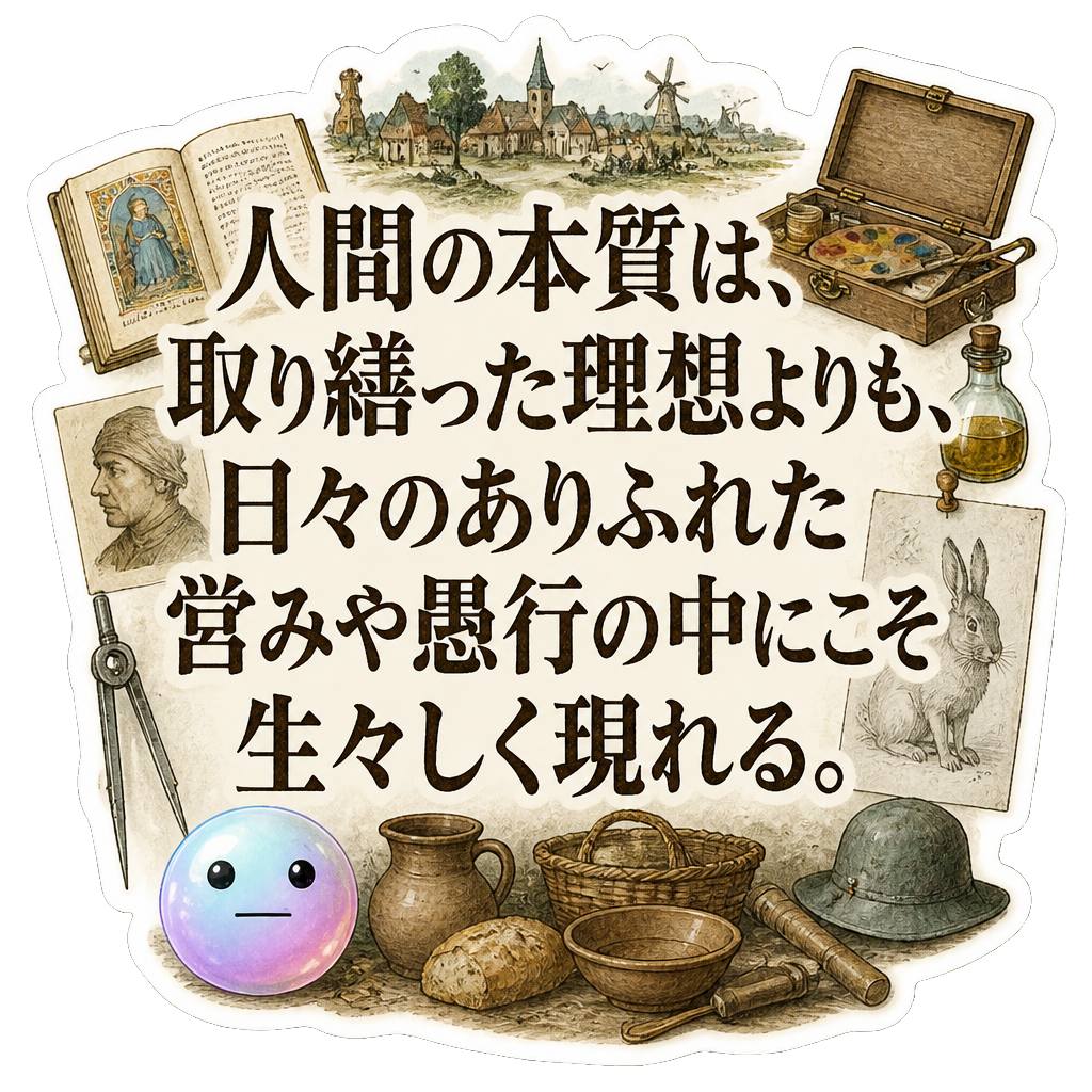 人間の本質は、取り繕った理想よりも、日々のありふれた営みや愚行の中にこそ生々しく現れる。