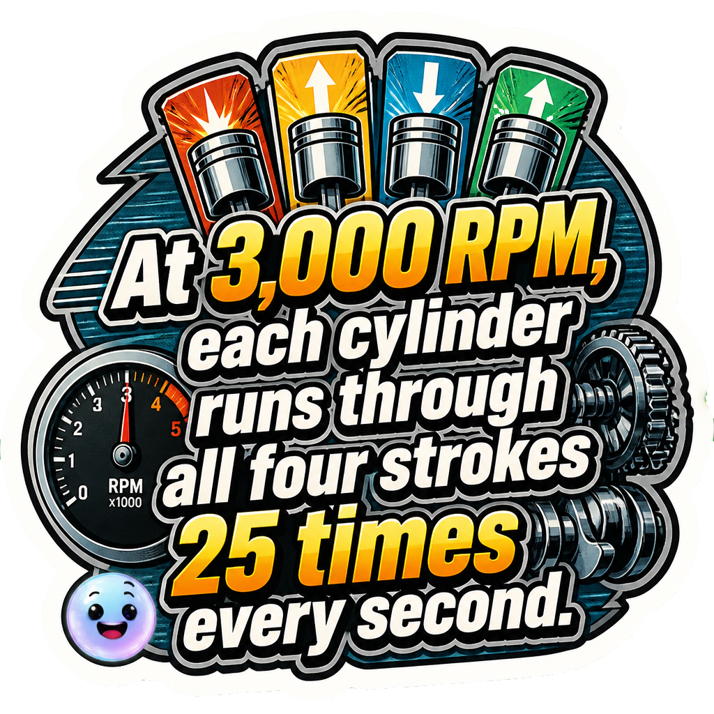 At 3,000 RPM, each cylinder runs through all four strokes 25 times every second.