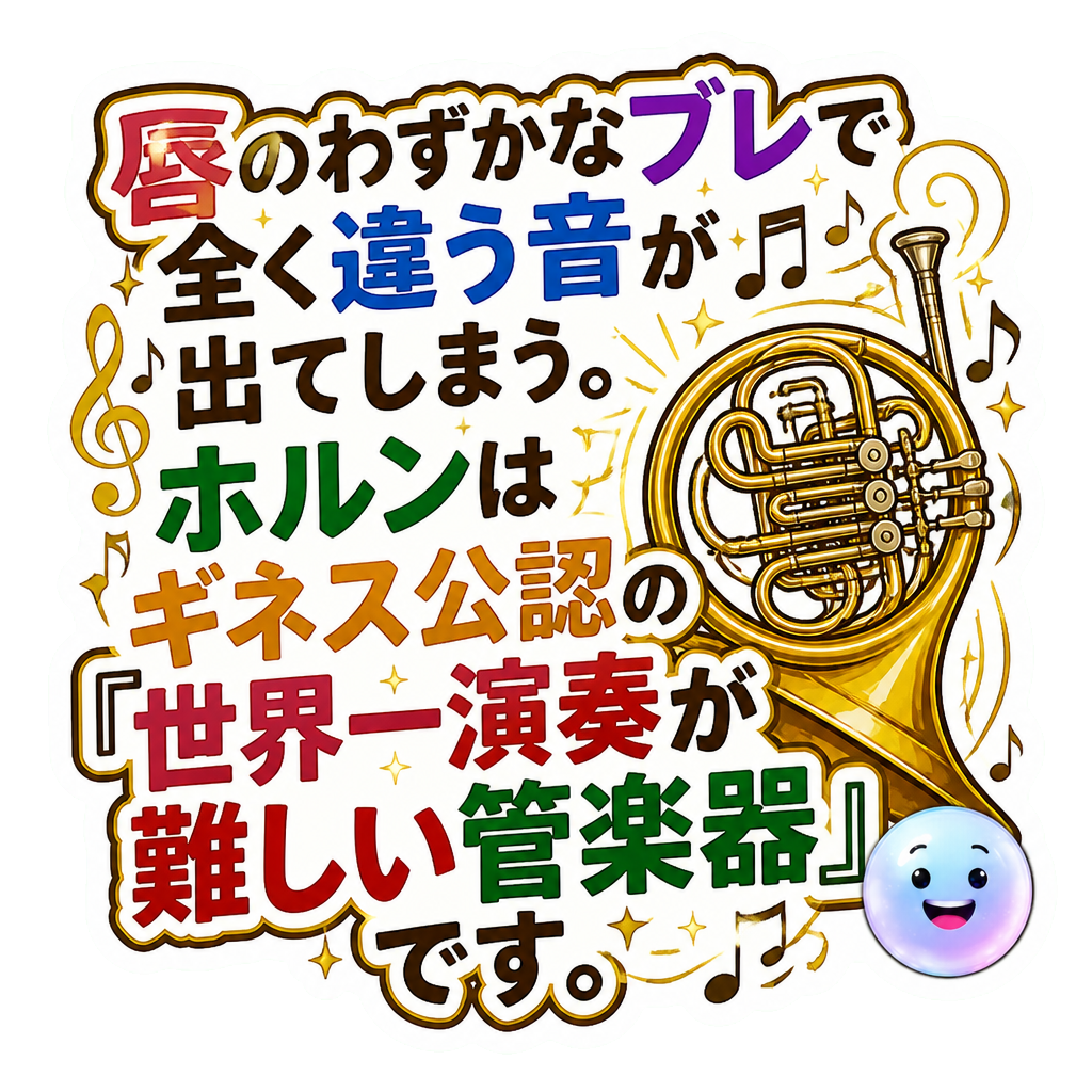 唇のわずかなブレで全く違う音が出てしまう。ホルンはギネス公認の『世界一演奏が難しい管楽器』です。
