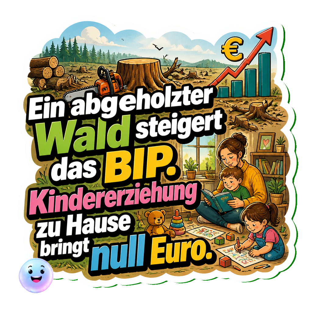 Ein abgeholzter Wald steigert das BIP. Kindererziehung zu Hause bringt null Euro.