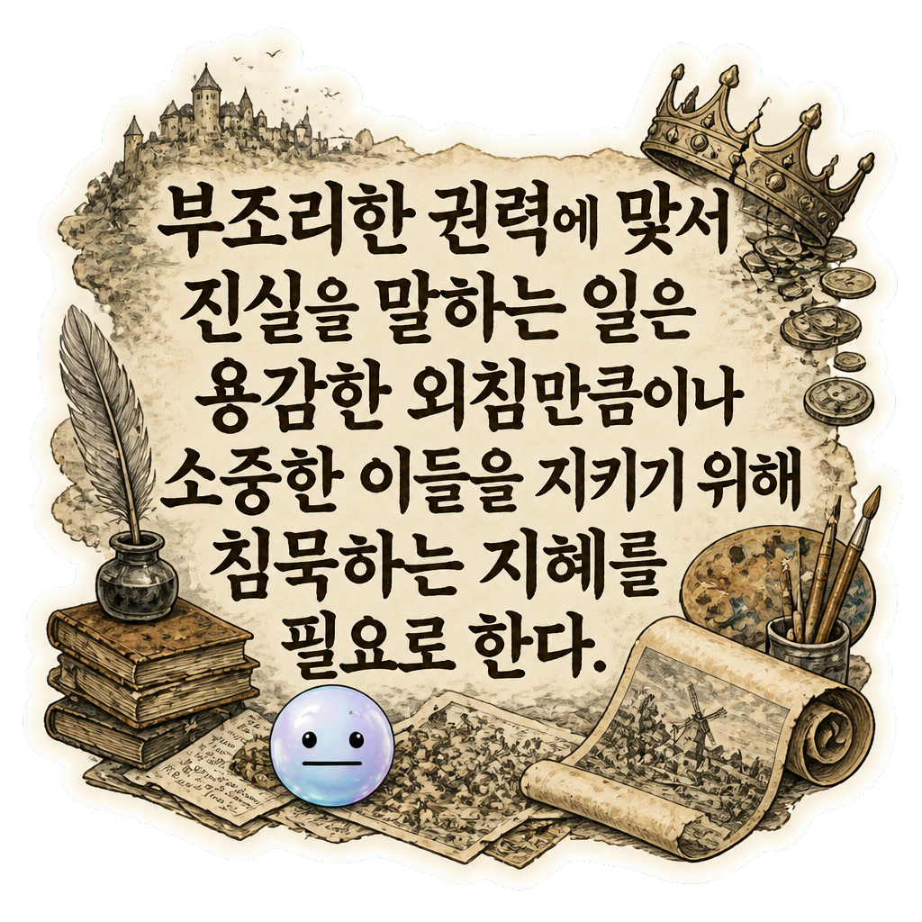 부조리한 권력에 맞서 진실을 말하는 일은 용감한 외침만큼이나 소중한 이들을 지키기 위해 침묵하는 지혜를 필요로 한다.