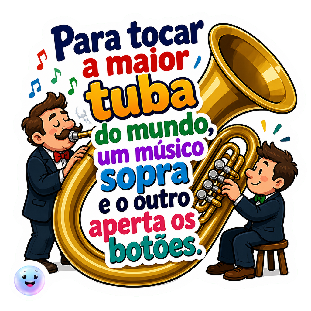 Para tocar a maior tuba do mundo, um músico sopra e o outro aperta os botões.
