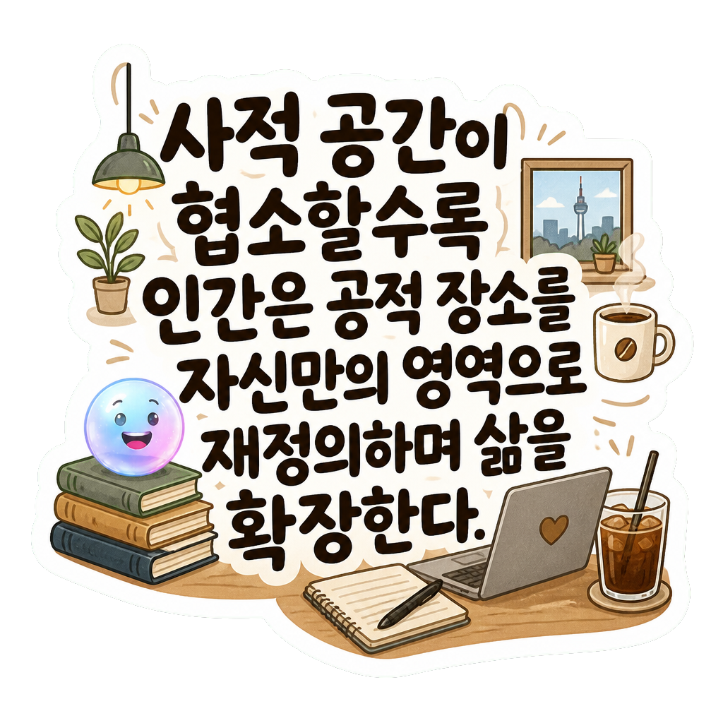 사적 공간이 협소할수록 인간은 공적 장소를 자신만의 영역으로 재정의하며 삶을 확장한다.