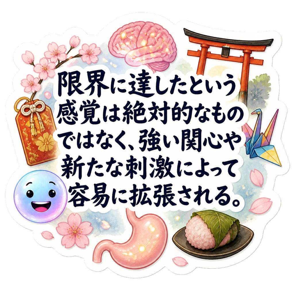 限界に達したという感覚は絶対的なものではなく、強い関心や新たな刺激によって容易に拡張される。