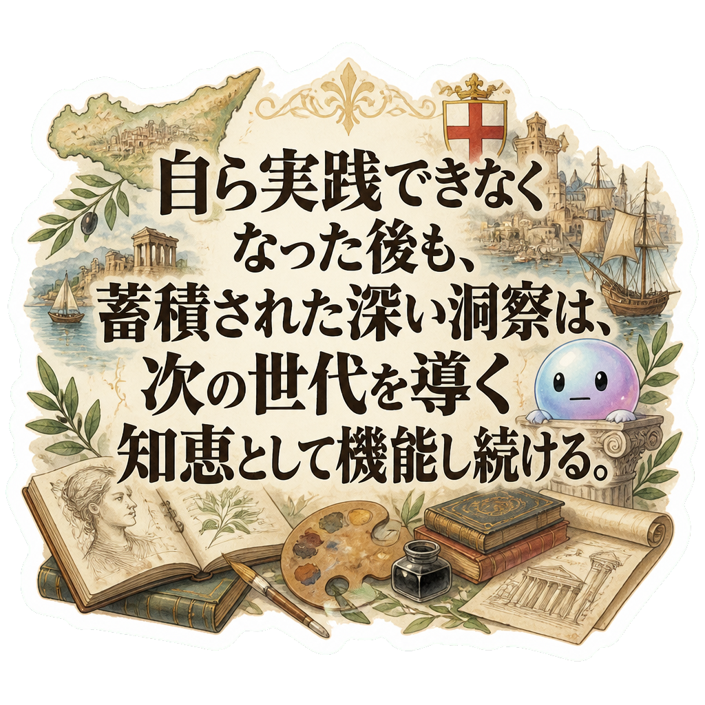 自ら実践できなくなった後も、蓄積された深い洞察は、次の世代を導く知恵として機能し続ける。