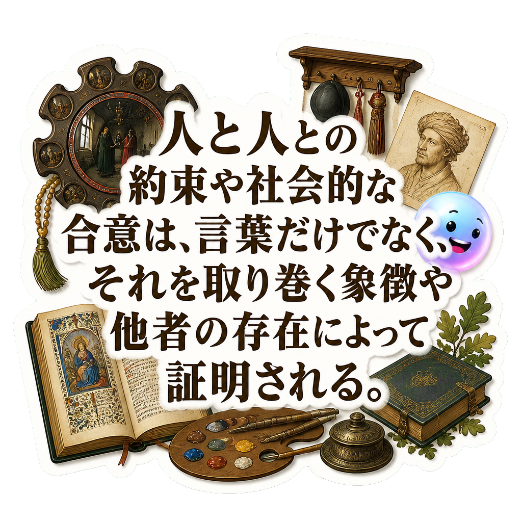 人と人との約束や社会的な合意は、言葉だけでなく、それを取り巻く象徴や他者の存在によって証明される。